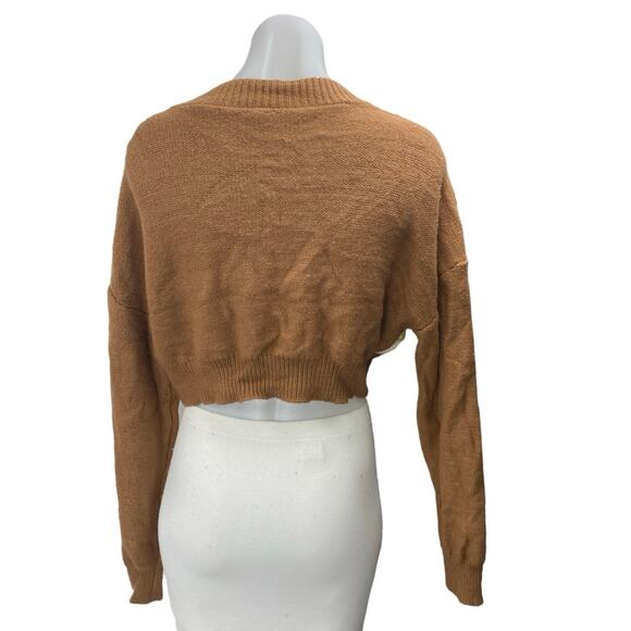 Garage Brown Long Sleeve Plaid Button Down V Neck Cropped Cardigan Sweater S - Picture 2 of 3